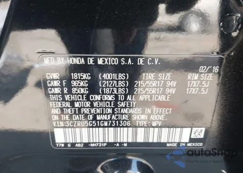 2016 Honda Hr-V Ex из США, поврежденный, VIN 3CZRU5G51GM731306